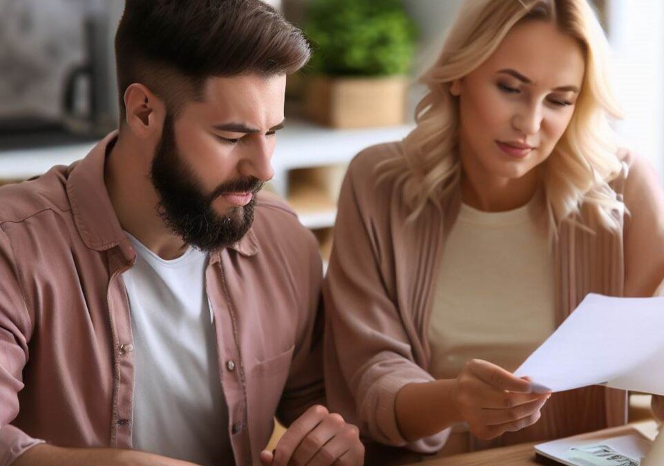 A photograph of a couple reviewing their finances at home for a consumer proposal