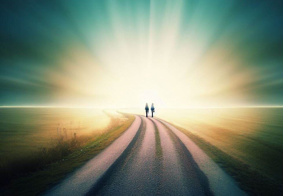 A couple walking down a path towards a bright horizon, signifying debt settlement.