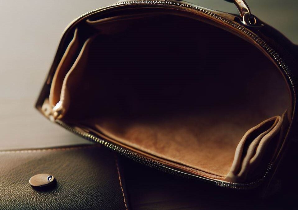 An empty brown leather purse and a black leather wallet on a table signifying bankruptcy.